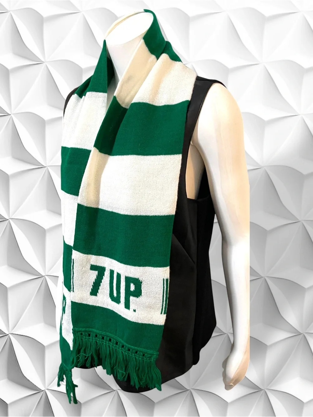 Vintage 7-Up Striped Knit Scarf Green White Fringed Retro 70s 80s Soda Promo